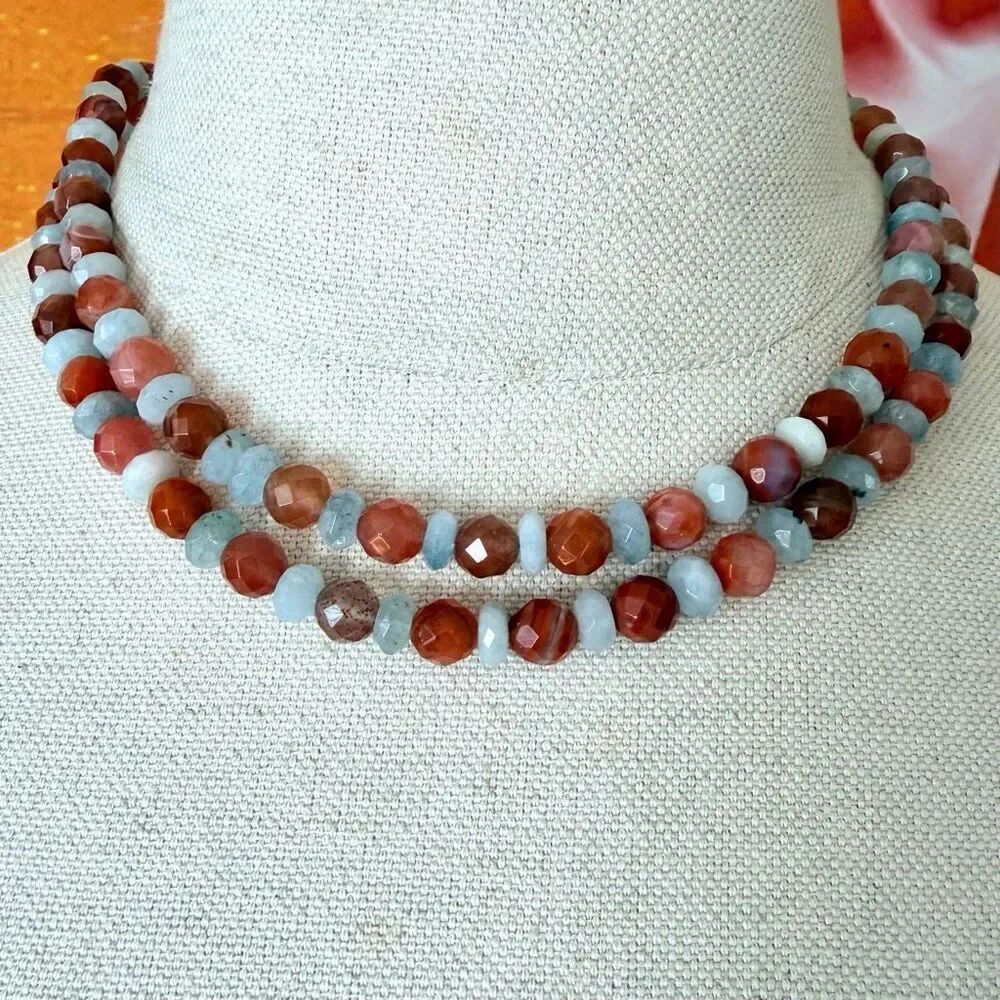 Jay King DTR Mine Finds Carnelian & Aquamarine Gemstone Necklace Sterling Silver